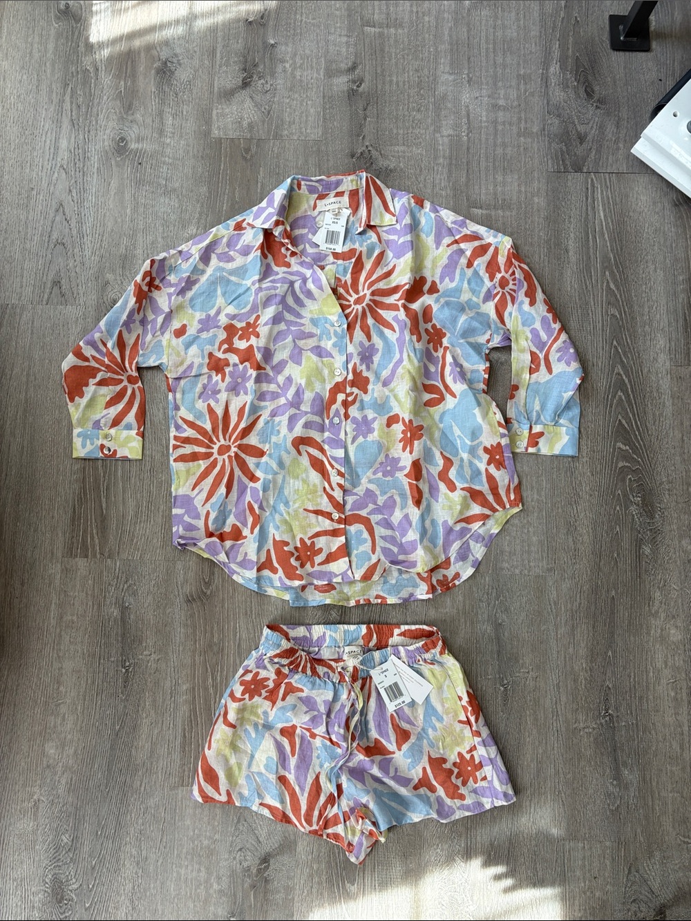 l*space Red, Purple, Blue & Lime Floral Button-Up Shirt and Shorts